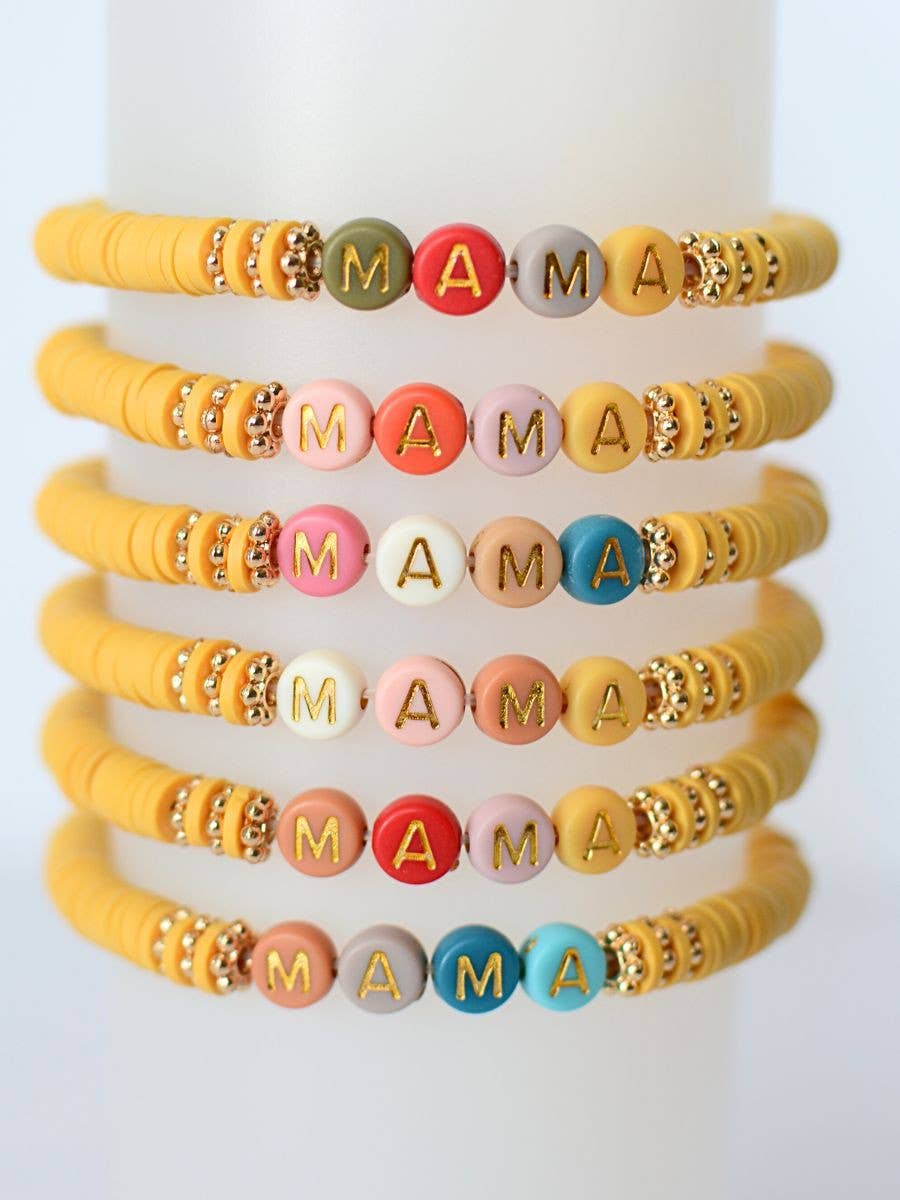 Multi Colored MAMA word beaded stretch bracelet MUSTARD