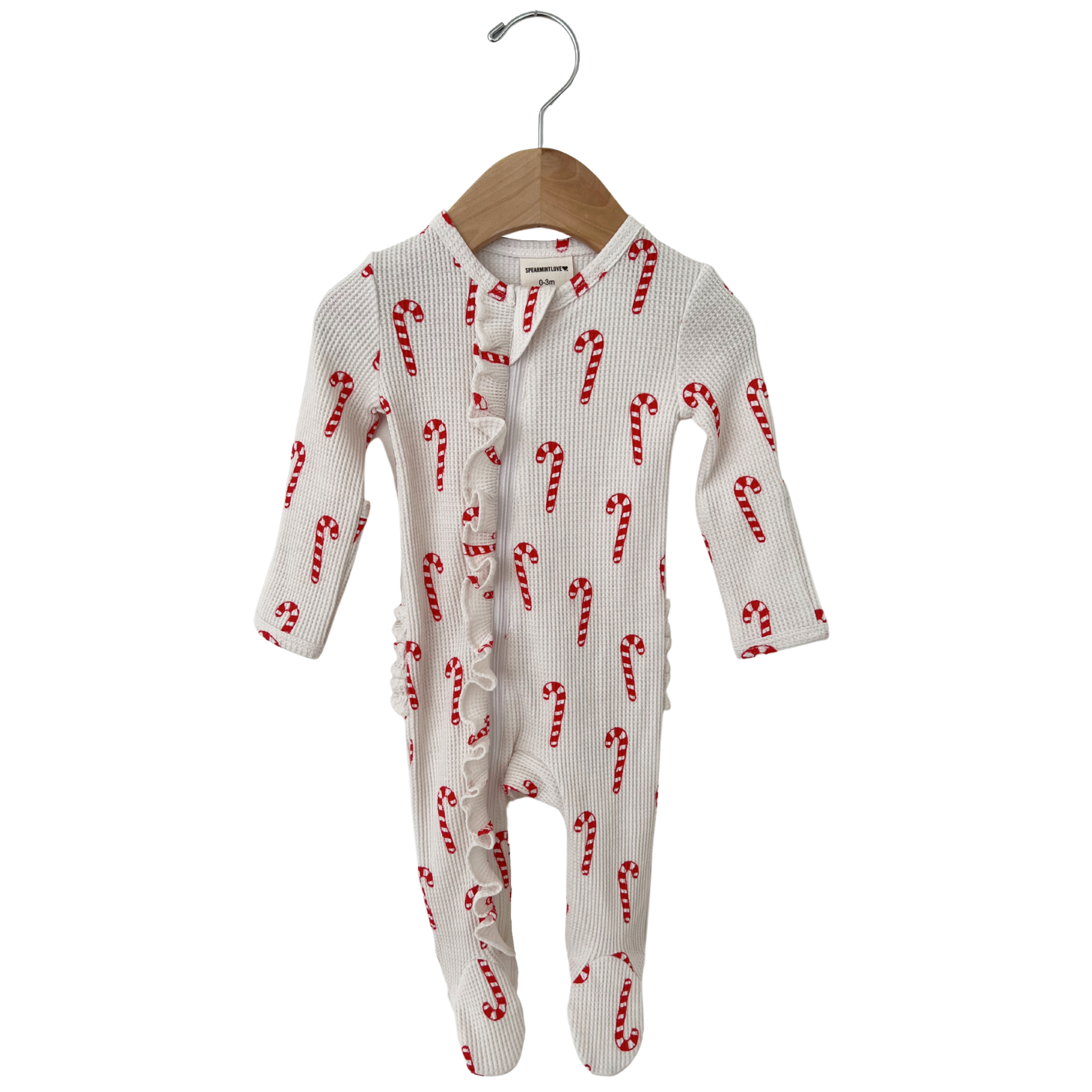 Organic Waffle Ruffle Zip Footie, Candy Cane SpearmintLOVE