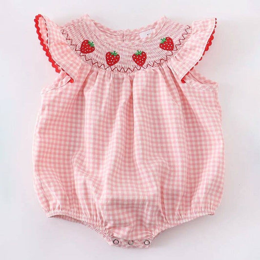 Strawberry Plaid Smocked Romper Rylee Faith Designs