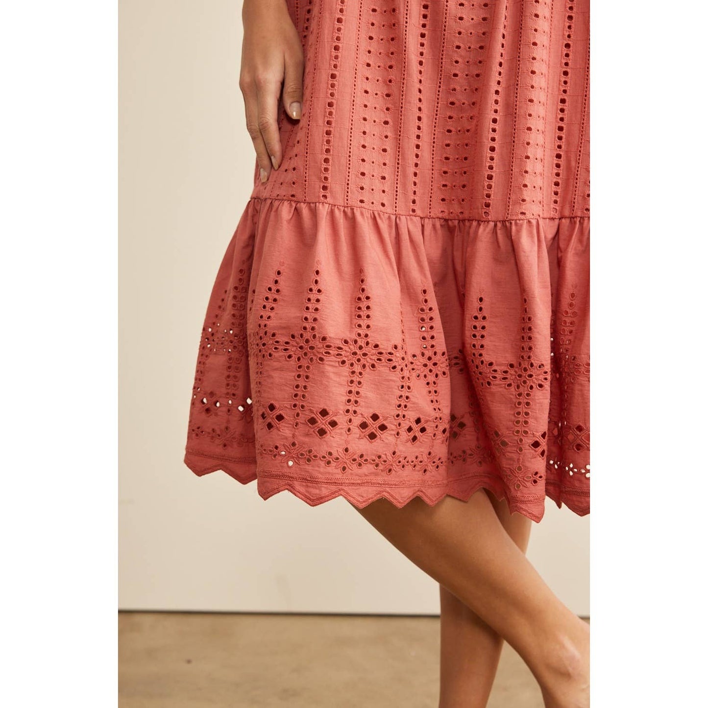 SHOULDER TIE RUFFLE HEM EYELET SHIFT MIDI DRESS