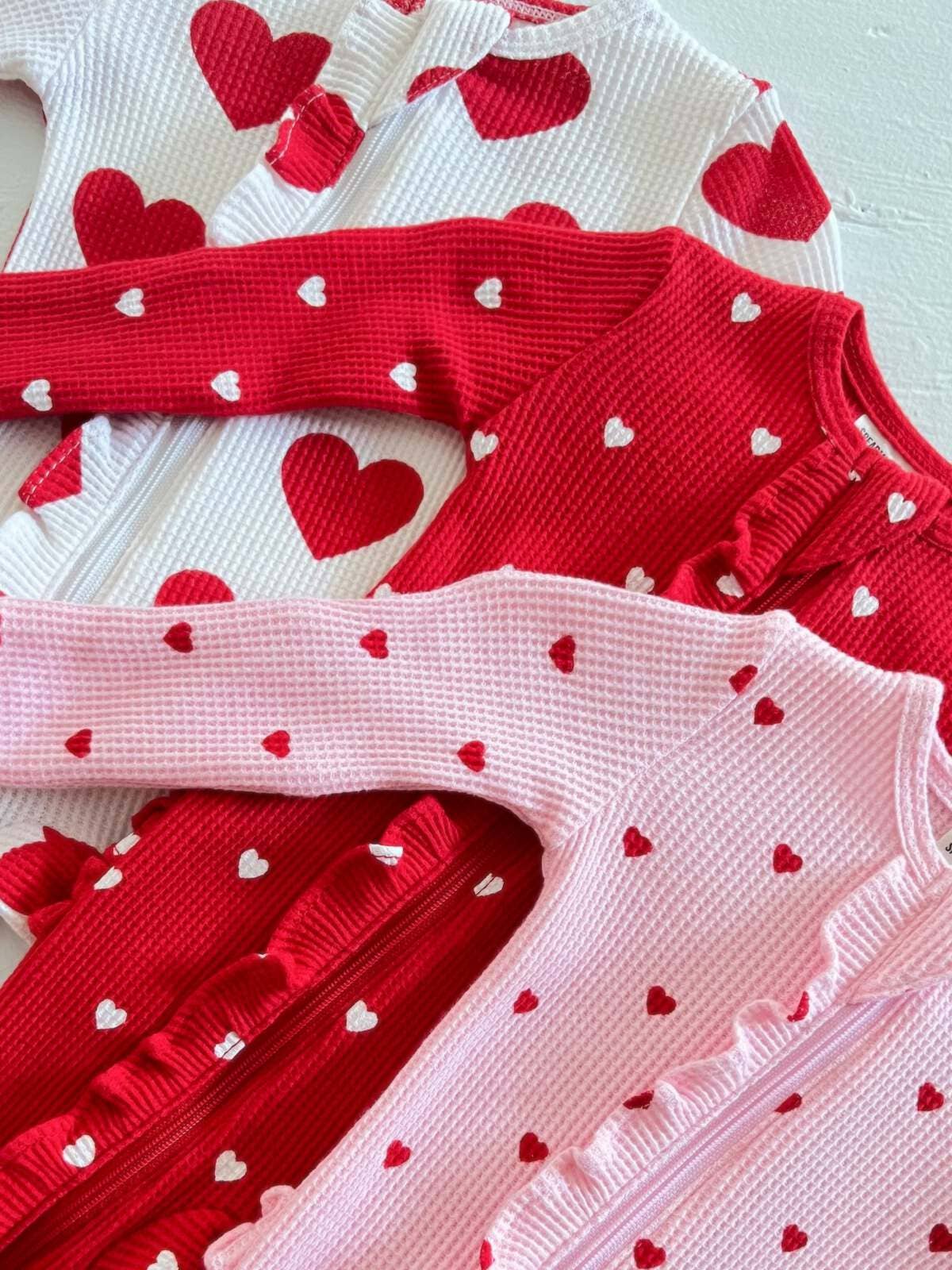 Organic Waffle Ruffle Zip Footie, Little White Heart (on Red) SpearmintLOVE