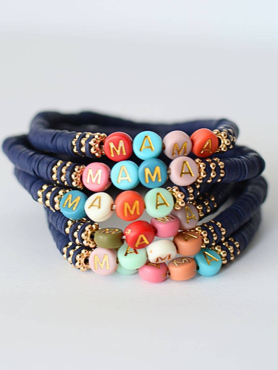 Multi Colored MAMA word beaded stretch bracelet NAVY