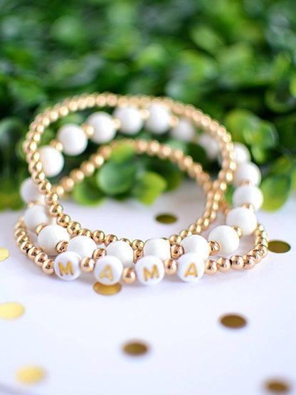 Cream and Gold MAMA Beaded Stretch Bracelet Stack Two and Crew