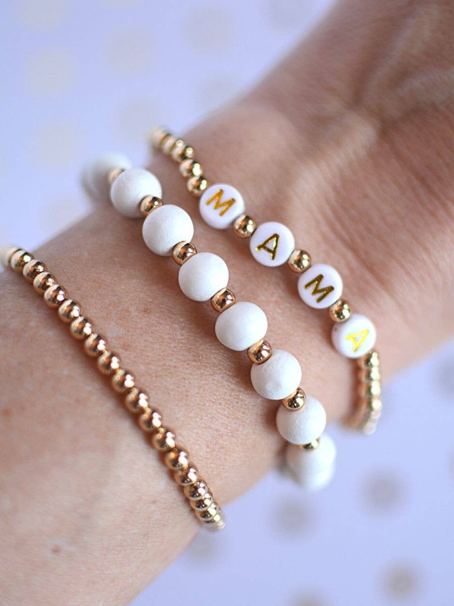 Cream and Gold MAMA Beaded Stretch Bracelet Stack Two and Crew