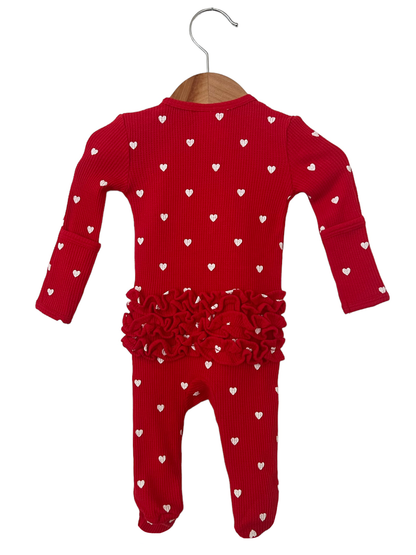 Organic Waffle Ruffle Zip Footie, Little White Heart (on Red) SpearmintLOVE