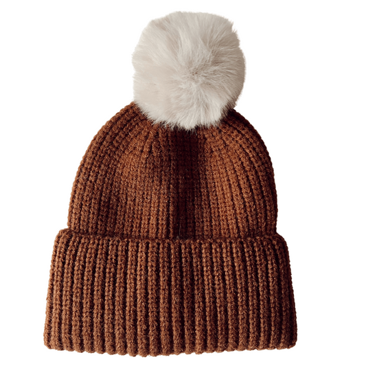 Rib Knit Fur Pom Hat, Saddle SpearmintLOVE