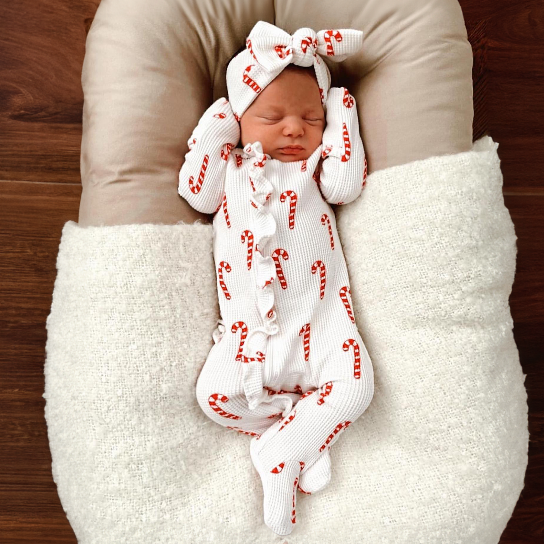 Organic Waffle Ruffle Zip Footie, Candy Cane SpearmintLOVE
