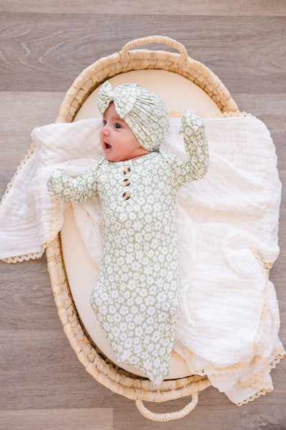 Knotted Baby Gown - Sage Ditsy Floral