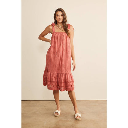 SHOULDER TIE RUFFLE HEM EYELET SHIFT MIDI DRESS