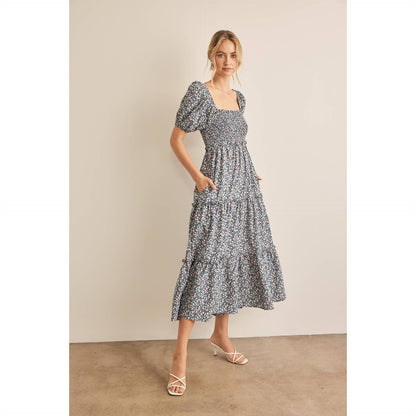 FLORAL PRINT PUFF SLEEVE SMOCKED TIERED MAXI DRESS