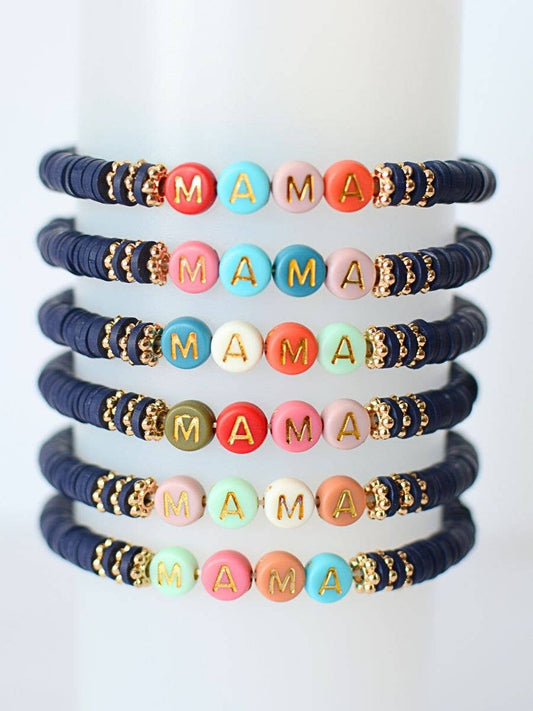 Multi Colored MAMA word beaded stretch bracelet NAVY