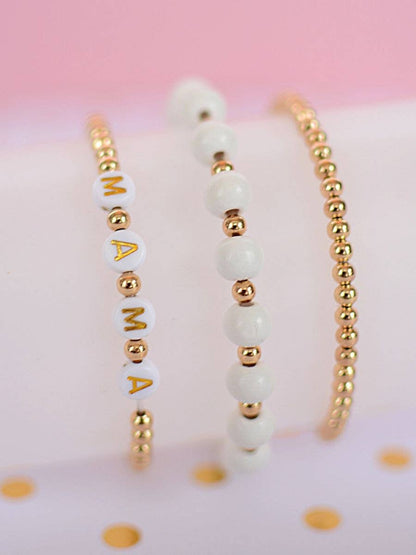 Cream and Gold MAMA Beaded Stretch Bracelet Stack Two and Crew