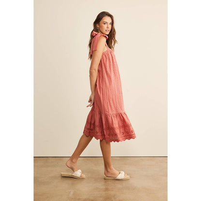 SHOULDER TIE RUFFLE HEM EYELET SHIFT MIDI DRESS