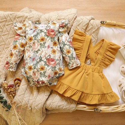 2pcs Floral Romper & Corduroy Suspender Skirt Set