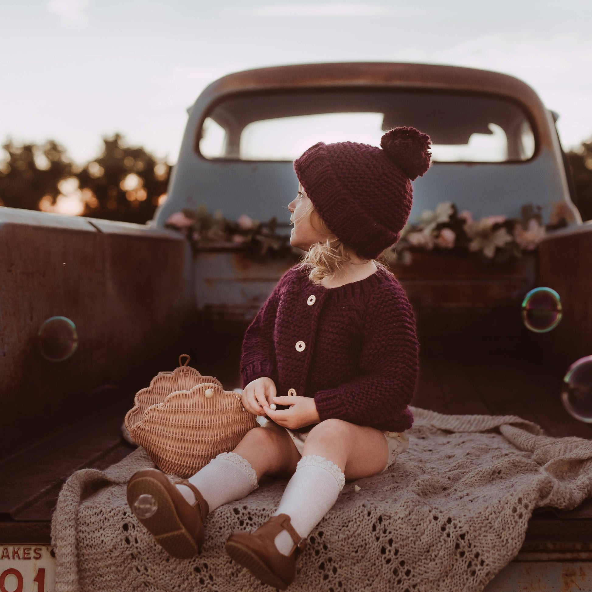 Plum Garter Stitch Beanie Hat Huggalugs