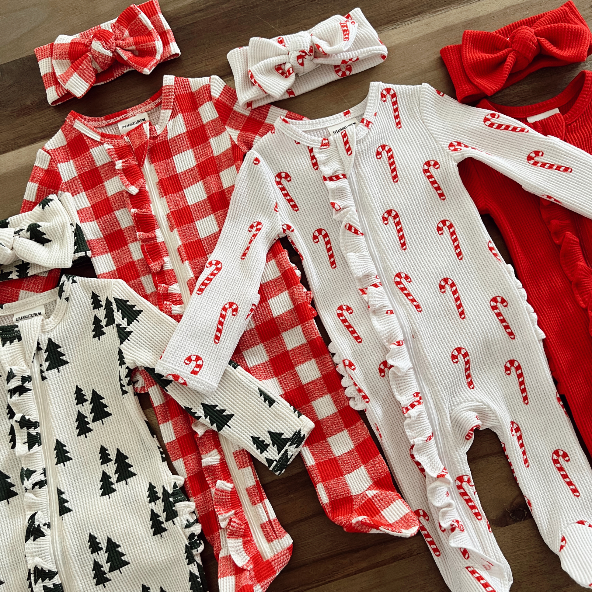 Organic Waffle Ruffle Zip Footie, Candy Cane SpearmintLOVE