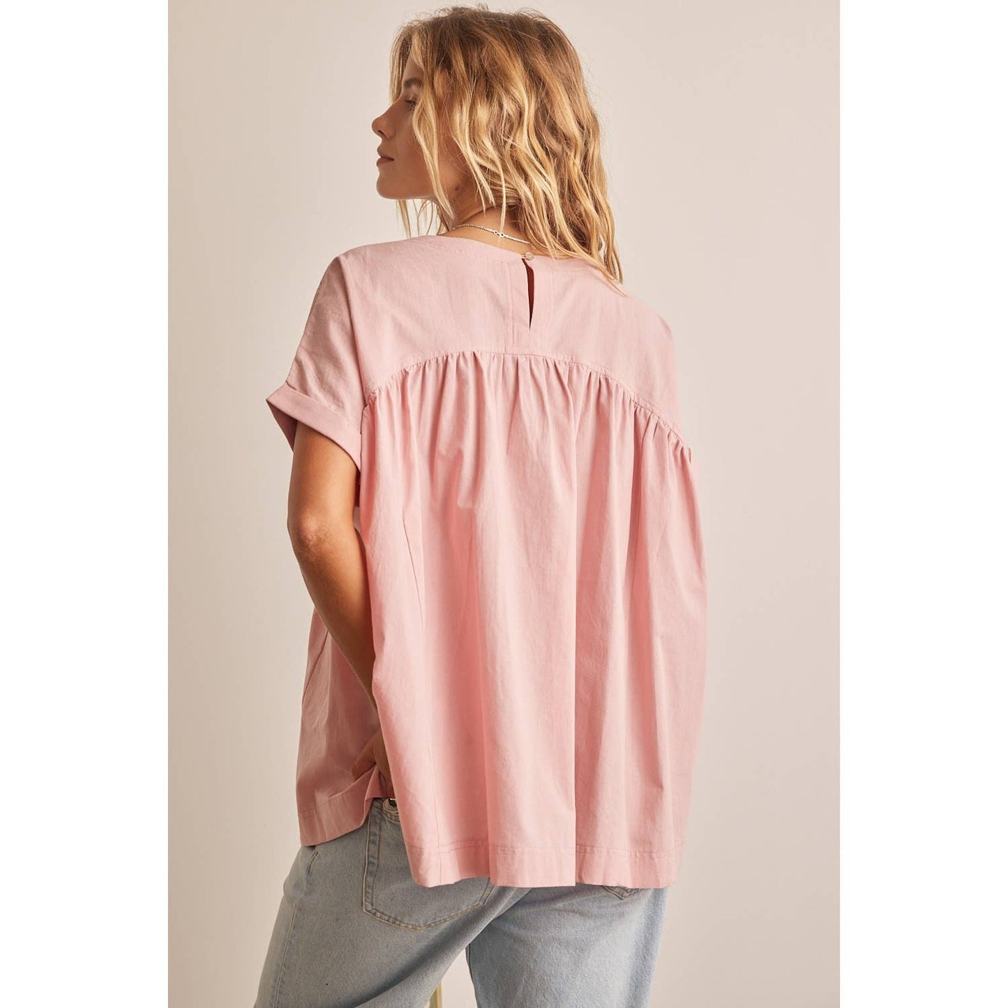 OVERSIZED COTTON POPLIN TUNIC TOP WITH RUFFLED HEM