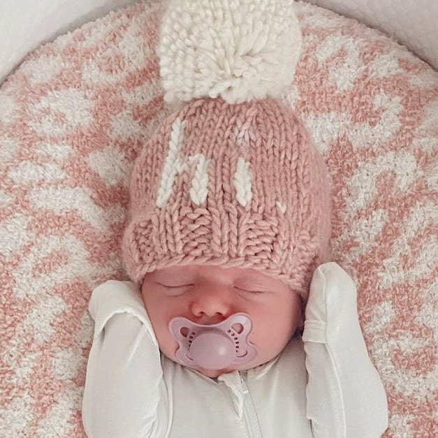 Hi. Rosy Hand Knit Beanie Hat Huggalugs